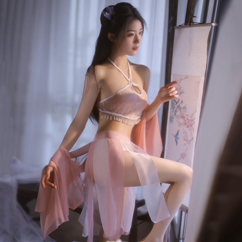 霏慕 情趣内衣性感古装汉服 国风西域古风透视肚兜 古典制服极污度诱惑 激情透视漏乳免脱套装睡衣 盈盈-粉 白【肚兜 分片绑裙 T裤 宽袖披衫】