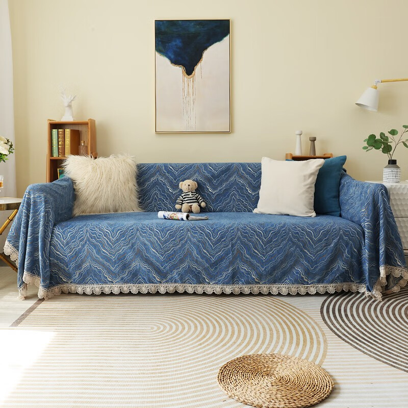 珂米雪尼尔沙发盖布全盖套罩四季通用防滑北欧网红沙发巾夏季2023新款 水波纹-蓝 180*420cm(五人位)