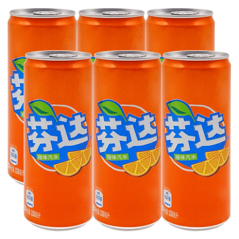 可口可乐(coca cola) 芬达碳酸饮料橙味汽水330ml*6罐 细长罐
