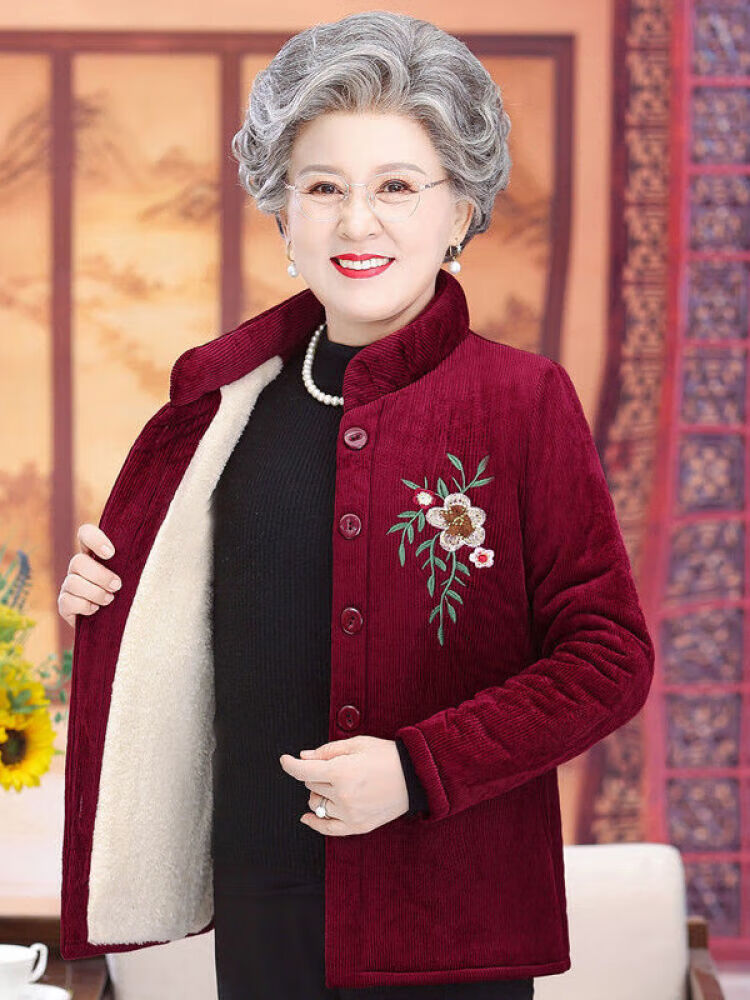 圣琪朵6070到80岁奶奶冬天加绒保暖棉服外套老人冬装棉衣加绒加厚