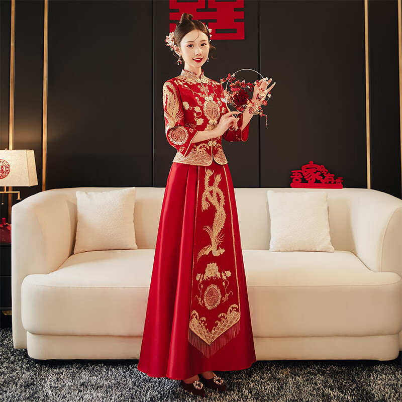 米詩德秀禾服新娘小個(gè)子150結(jié)婚禮服中式婚禮145矮個(gè)子敬酒服婚紗 鳳天A簡款無頭部飾 夏季款 S