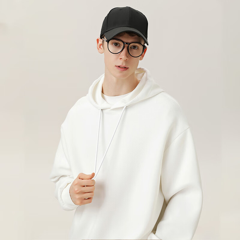 黑鲸海澜之家旗下潮牌纯卫衣男基础简约连帽外套春秋款帽衫 白 XL