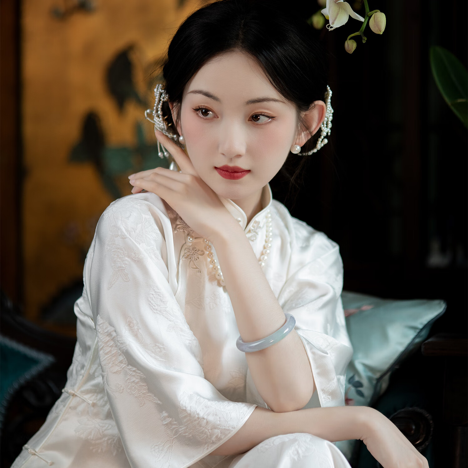 夏款丨提花缎倒大袖立领全开襟复古民国风旗袍 白色提花倒大袖旗袍 l