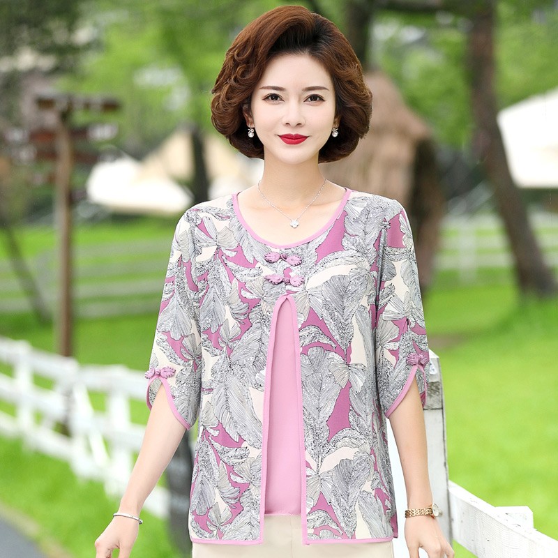 装夏装七分袖时尚套装洋气高贵40-50岁中年女上衣雪纺打底衫t恤薄新款