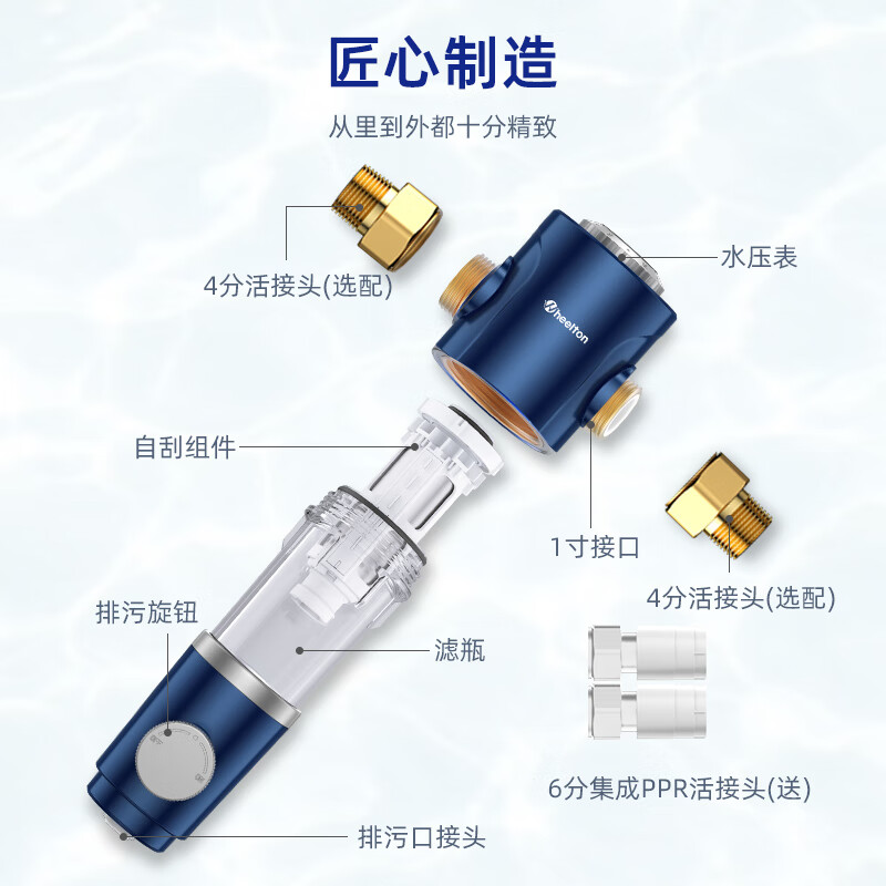 惠尔顿（WHEELTON）中央自来水前置过滤器免拆反冲洗家用大流量4.5T/h管道滤水器水管净化器  升级4分活接6分PPR通用