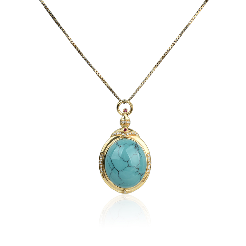 华珊丽美 原矿绿松石吊坠 穿搭时尚优雅显气质 18k玫瑰金钻石网花铁线