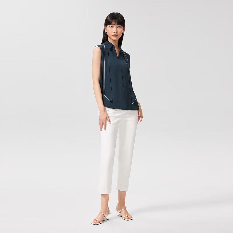 OVV【重磅真丝】OVV2022春夏新款女装19MM双乔飘带无袖衬衫 藏青02 S
