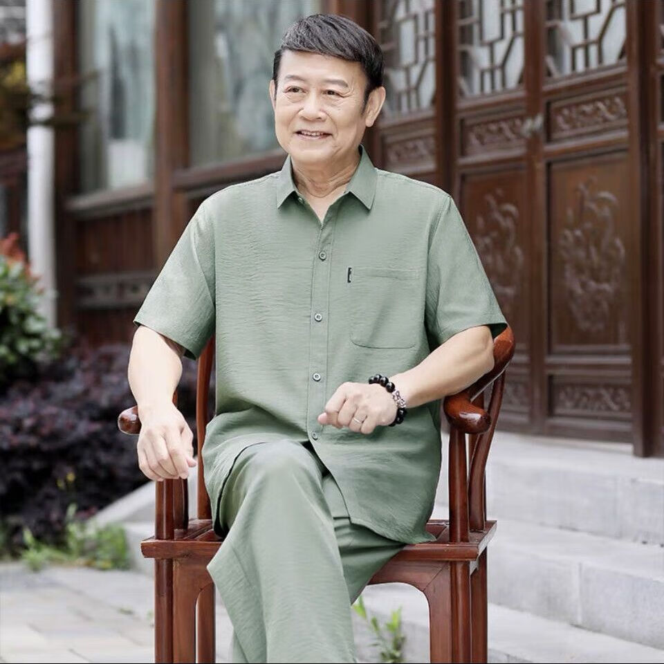 的t恤中老年人短袖爸爸棉麻短袖男夏季中年休闲衣服中 衬衫套装墨绿色