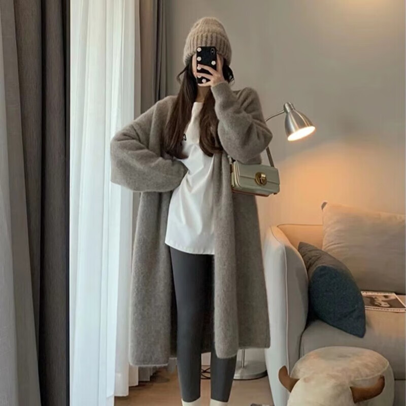 相伊恋人针织开衫女25年秋冬季新款设计感毛衣针织外套显瘦慵懒风大衣外套 沙茶驼【长款】 均码