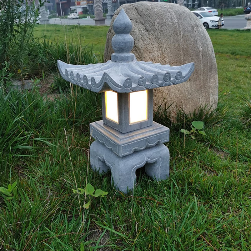 石灯笼仿古中式庭院 灯 太阳能石灯复古装饰摆件石头灯 石雕青石 高40