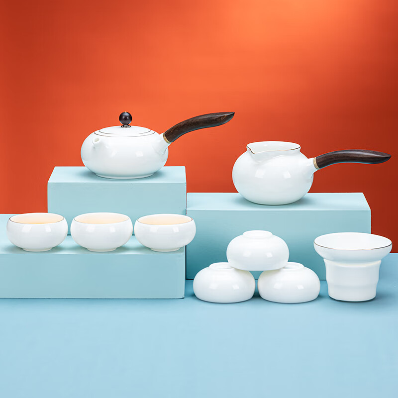 白瓷功夫茶具套装家用侧把德化高白玉瓷泡茶壶盖碗茶杯茶洗整套陶瓷描金 10头汉白玉(侧把-木)-罗汉杯-描金