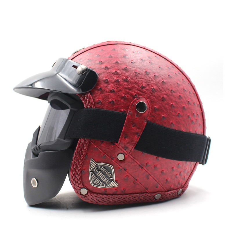 机车手工定制四季个性半盔复古哈雷头盔电动摩托车电机车3/4带面罩皮盔男女  红斑点（含面具） XL