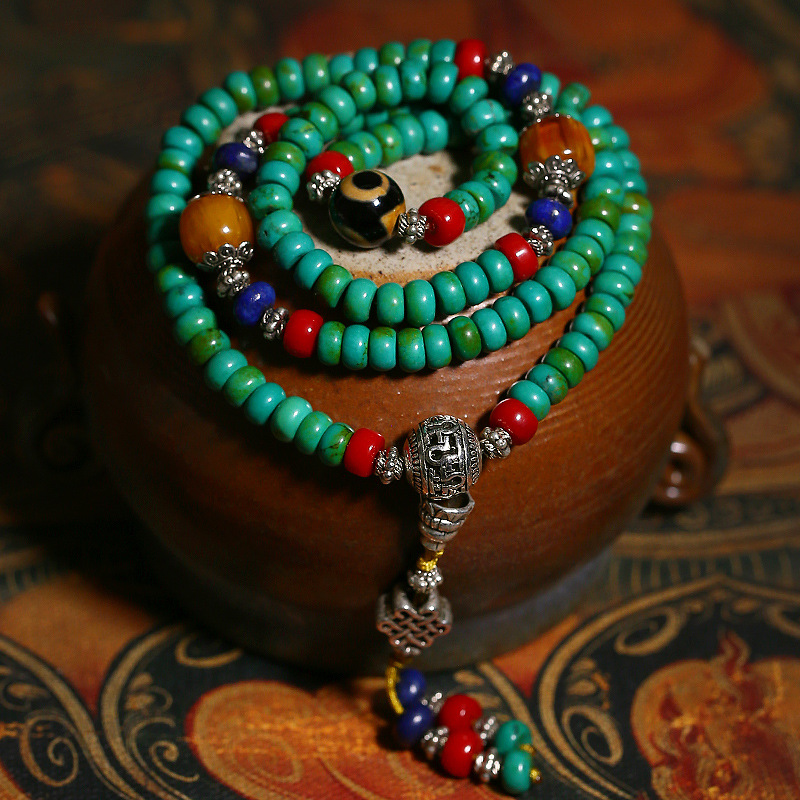 绿松石手链108颗毛衣链项链 民族风百搭配饰品男女尼泊尔藏式佛珠吊坠