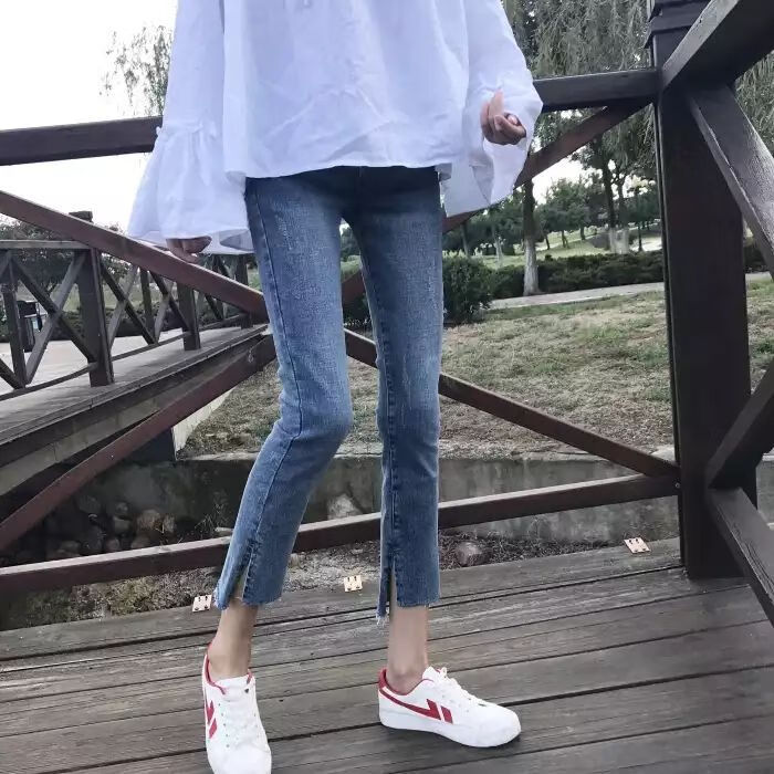 烟管弹力牛仔裤女潮ins微喇叭牛仔裤女2023春秋新款 蓝色直筒(模特款)