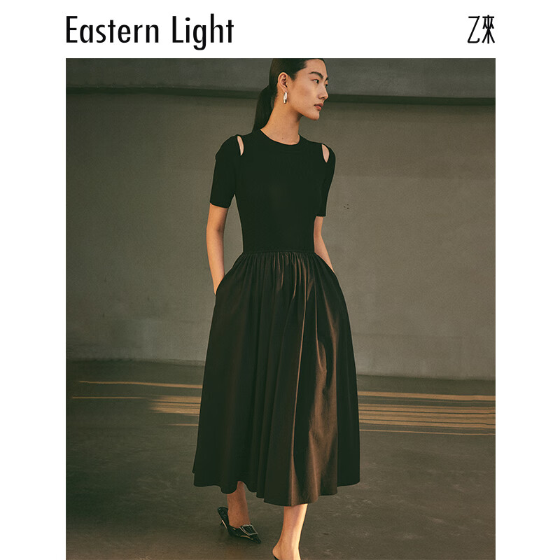乙来（EASTERN LIGHT）镂空针织拼接连衣裙长款短袖夏季新款显瘦遮肚子气质女装裙子 优雅黑 M