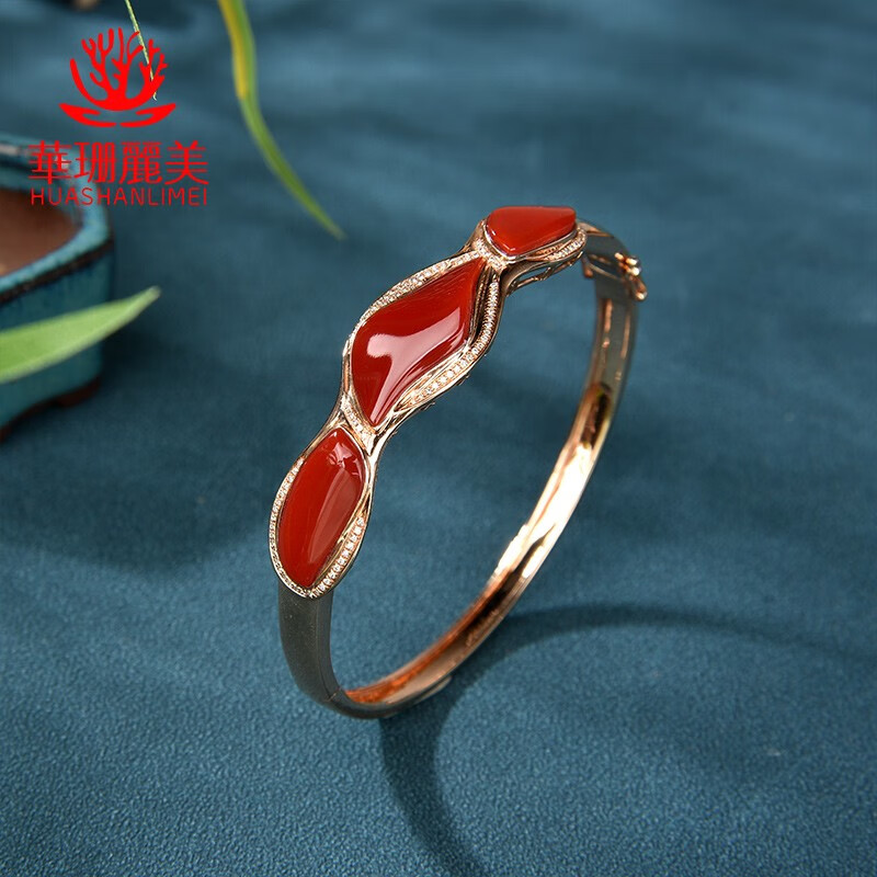 华珊丽美彩宝珊瑚手镯 玫瑰金镶嵌钻石阿卡 设计款时尚珠宝