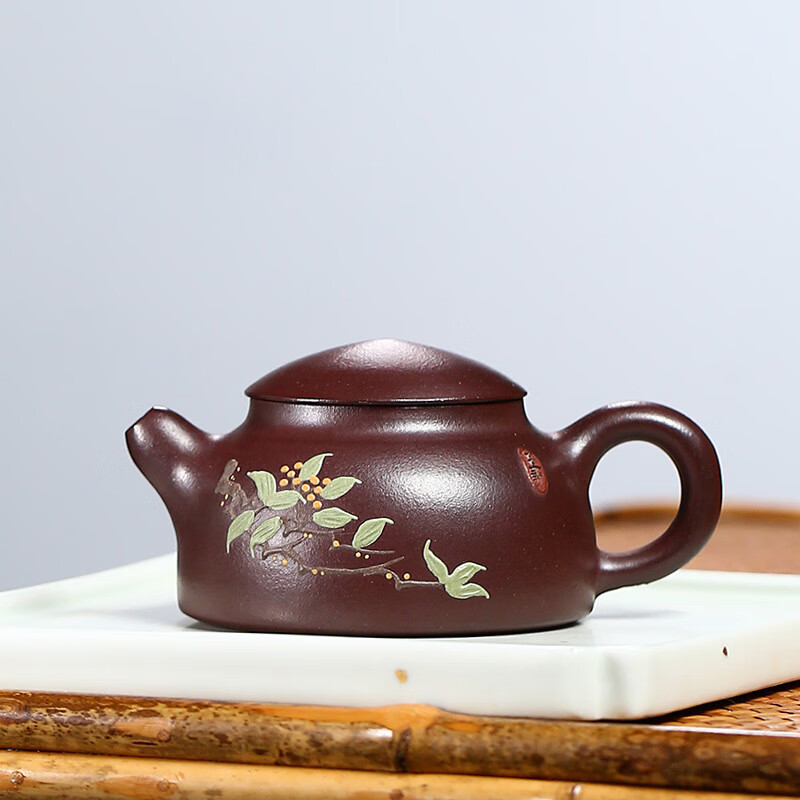 宜兴紫砂壶大口正宗纯手工名家茶具原矿紫砂鱼罩壶家藏石红泥料 泥绘