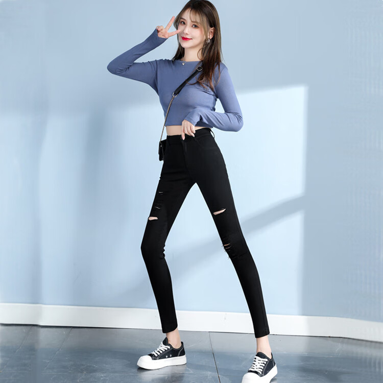 春夏天穿的小裤脚薄款破洞高腰打底裤小脚裤 黑色 锁边多破洞九分裤