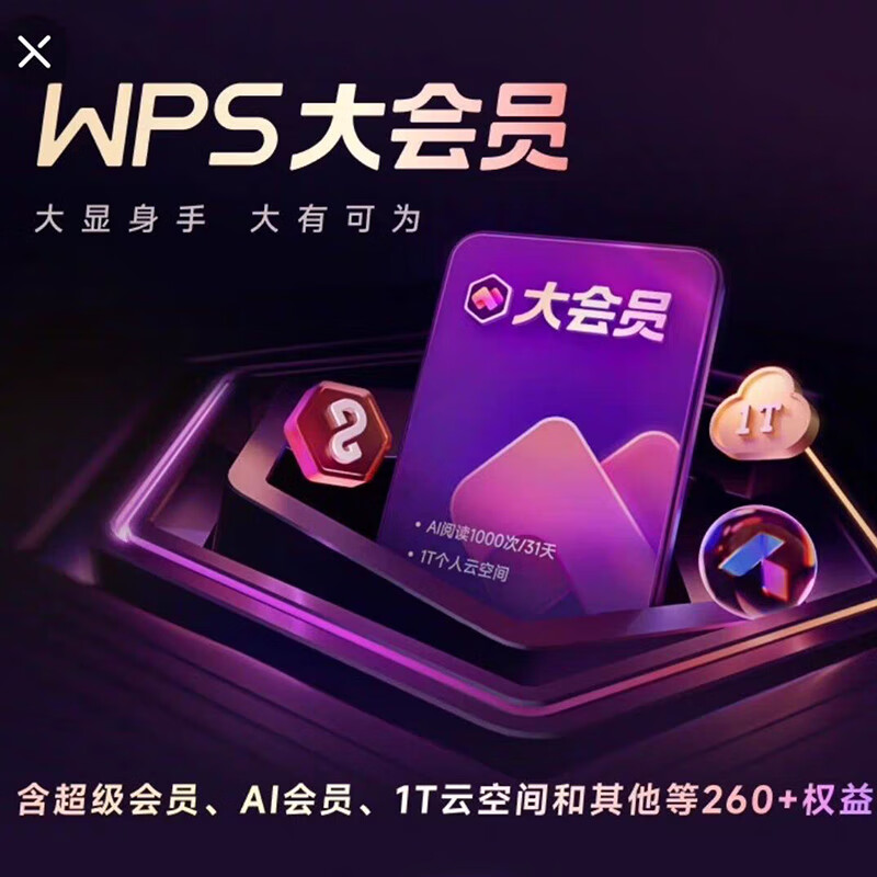 wps大会员充值含AI权益一年卡 wps ai会员 超级会员月周卡7天30天 【充值手号发客服】WPS大会员7天