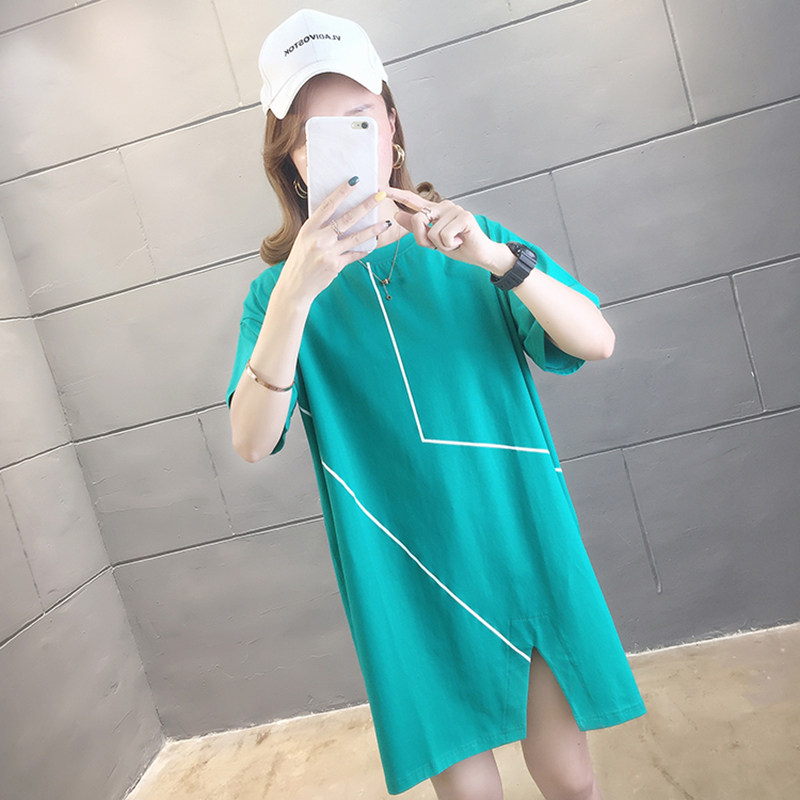 姐中长款短袖t恤女纯棉夏季2022新款韩版宽松学生半袖女上衣服 青色