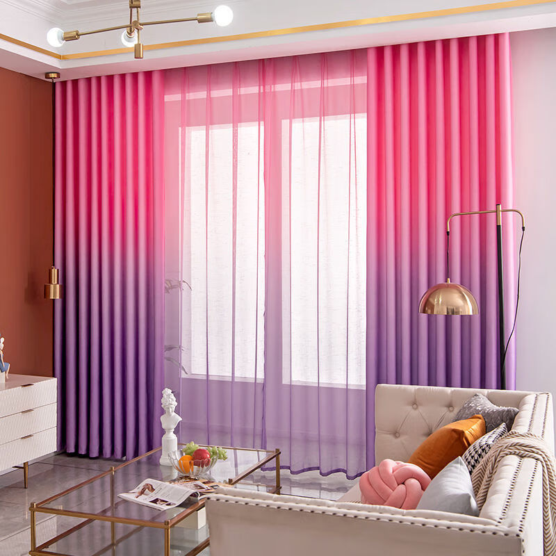 加厚全遮光窗帘卧室客厅窗帘拼接款拼色窗帘布窗帘 渐变粉色一布挂钩