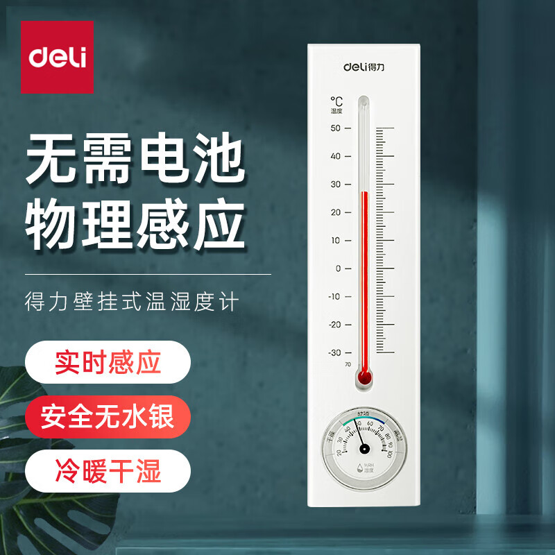 得力（deli）壁挂式温湿度计 免电池简约家用温度表 室内高精度 白色 9013S