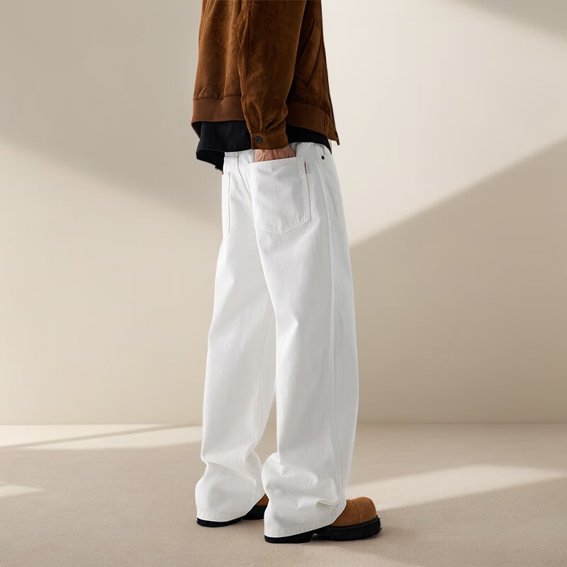 白色牛仔裤男高级感直筒阔腿裤弯刀美式休闲风宽松型秋冬青年裤子 白色 8202-1 32 建议156-165斤