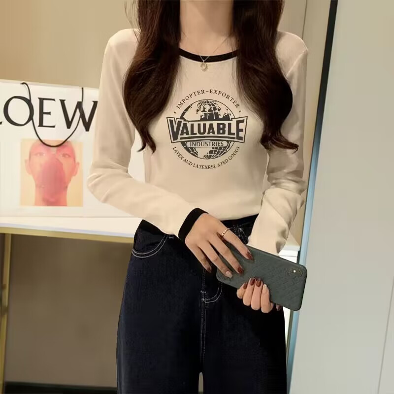 雷黛茜撞色圆领长袖T恤女春秋2024新款显瘦修身百搭内搭打底衫上衣 779白 S