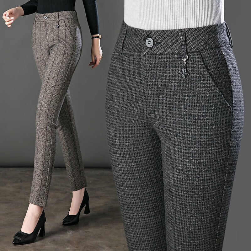 裤女直筒中年时尚女裤格纹高腰百搭修身2024春季女装新款裤子 千鸟格