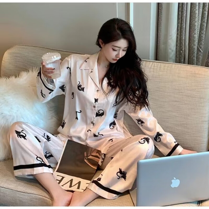 黛安芬 triumph真丝睡衣女可爱猫咪印花感桑蚕丝家居服可外穿2024春夏