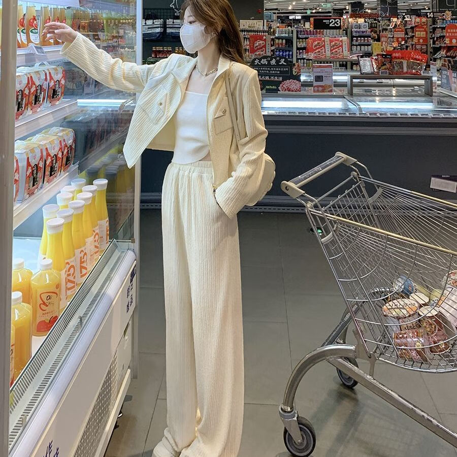 大学生不收腰时尚休闲运动套装女春秋韩系风奶油色外套 杏色套装 s