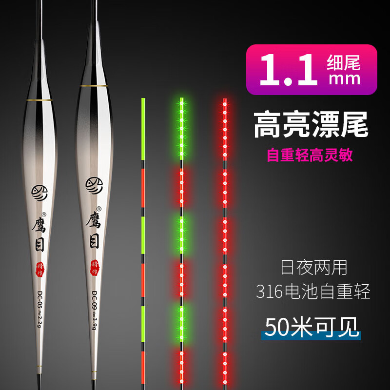小凤仙LED夜光漂316电池细尾高灵敏咬钩变色电子漂超细浮漂日夜两 鹰目DC04(吃铅1.7克)主攻鲤鱼 9目高亮硬尾【咬钩变色】1支