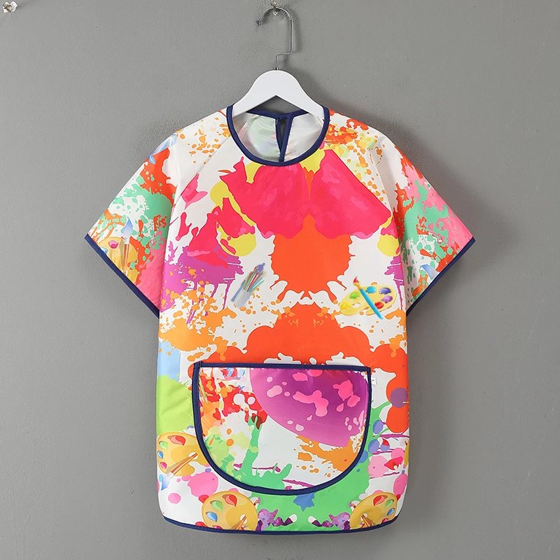 中大儿童夏季罩衣画室美术画画围裙幼儿园吃饭反穿衣宝宝围兜 涂鸦-半袖(花型不同随机发) 小号-建议身高80-102CM