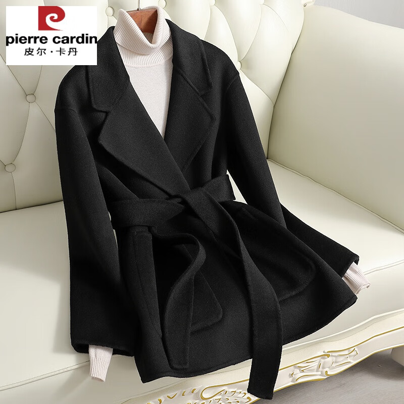 皮尔卡丹（pierre cardin）2025秋冬新款双面呢羊绒大衣女短款小个子宽松简约系带羊毛外套女 黑色 L 建议120-135左右