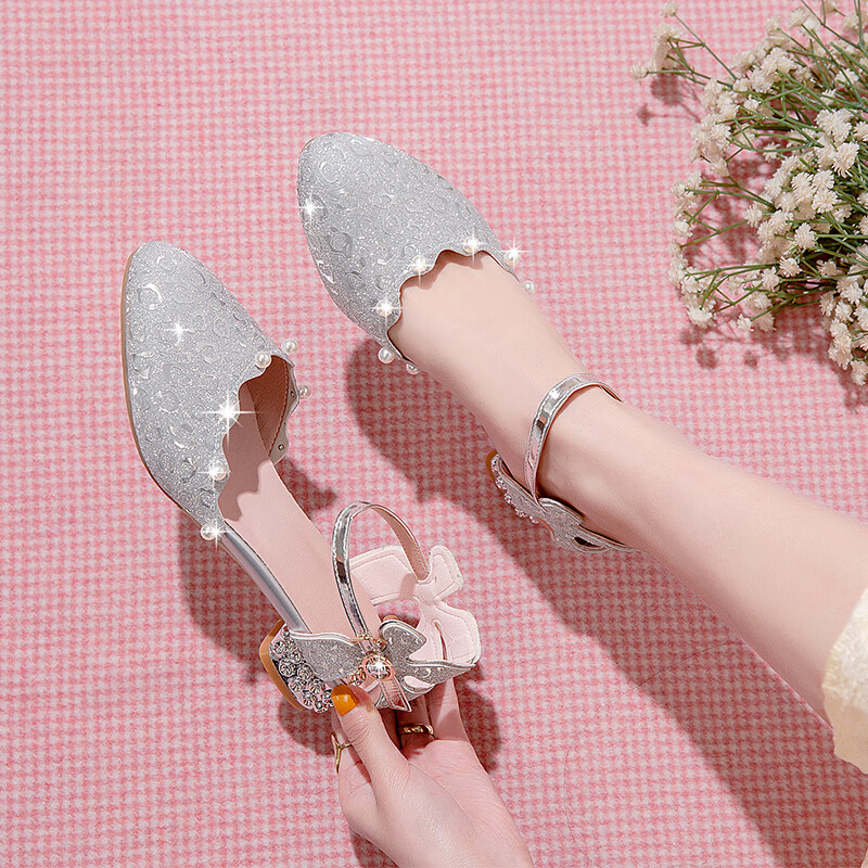 浮夏小女孩穿的女童凉鞋12岁-14岁高跟鞋走秀表演出鞋礼服公主水晶鞋