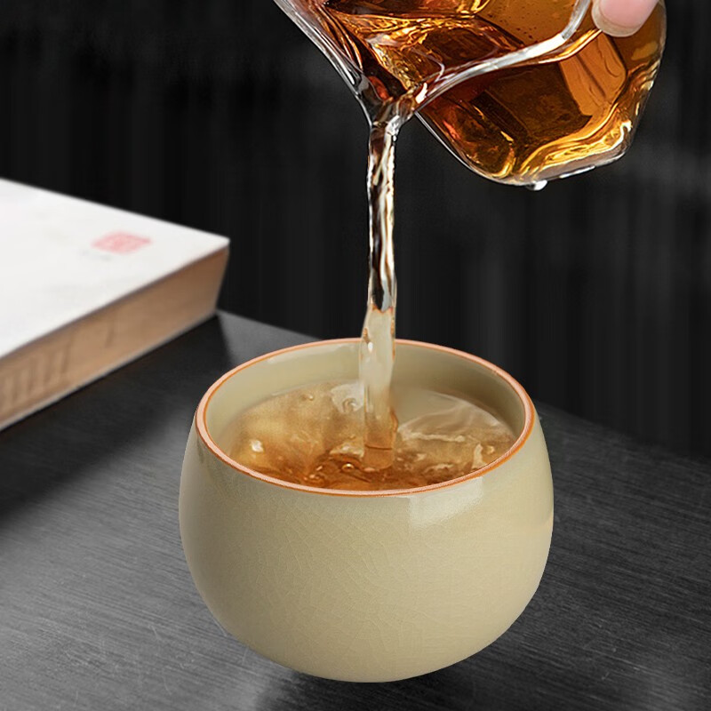 陶立方大号主人杯汝窑开片茶杯喝茶杯单杯家用米黄陶瓷杯功夫茶具配件 汝窑罗汉杯-米黄