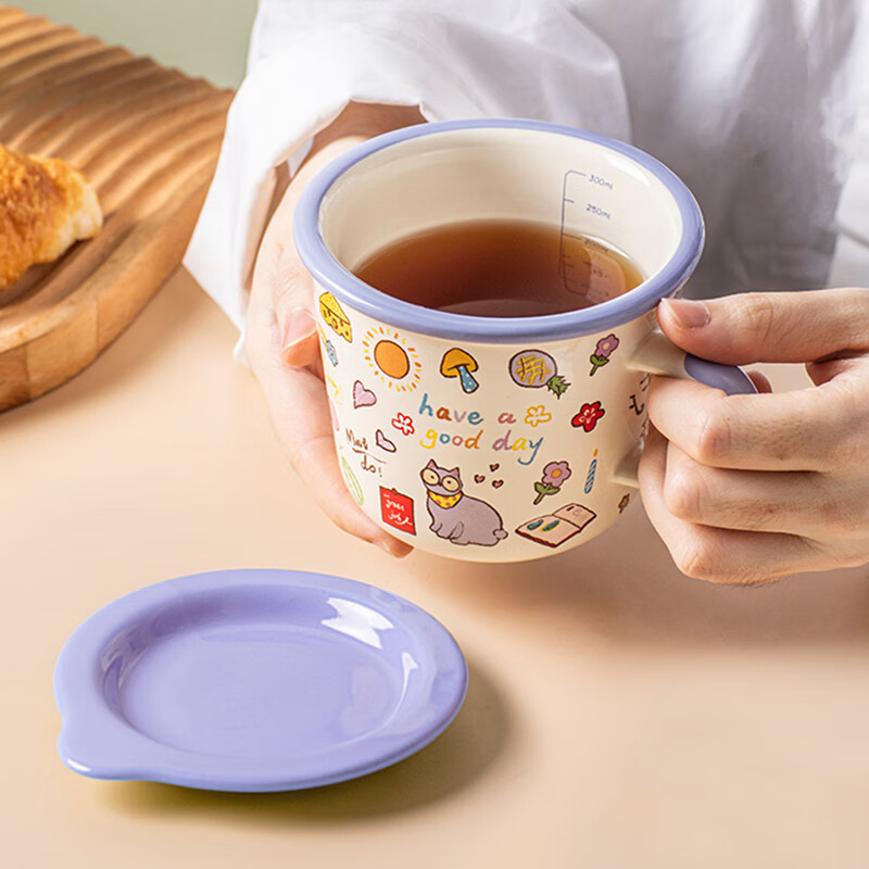 ezicok马克杯卡通杯子陶瓷儿童水杯早餐杯牛奶杯日式简约杯子可爱杯 紫色猫咪+盖子