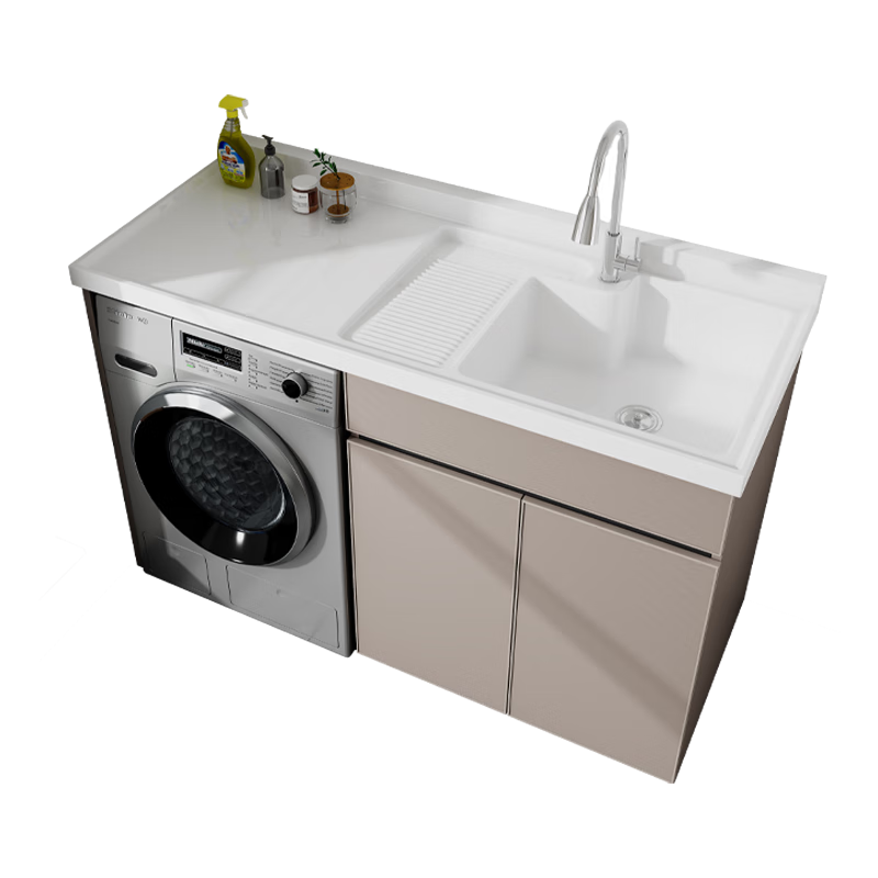 俪伽阳台洗衣机柜一体太空铝洗衣柜洗衣池洗衣槽带搓板洗衣台 切角 高低盆