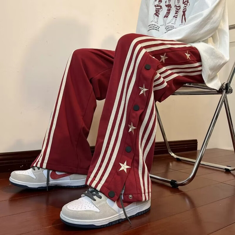 青少年排扣裤全开直筒夏天排扣休闲宽松条纹阔腿运动裤港风长裤 红色