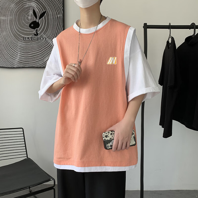 babi boy广州产地t恤男潮牌季短袖t恤男ins港风潮牌假两件半袖衣服