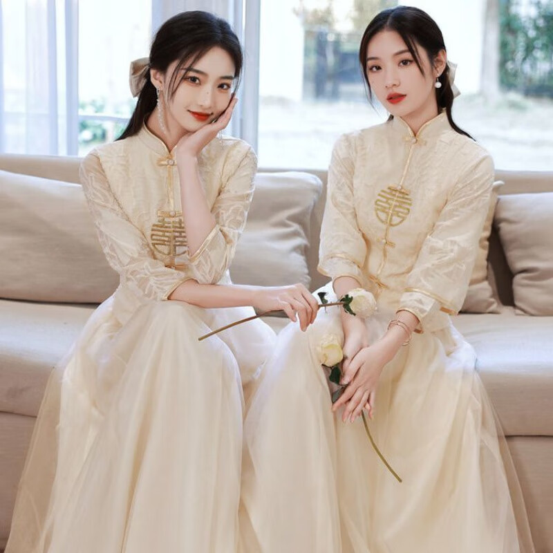 黑造2023中式伴娘服长袖复古姐妹团回门礼服闺蜜装敬酒服宴会秋冬