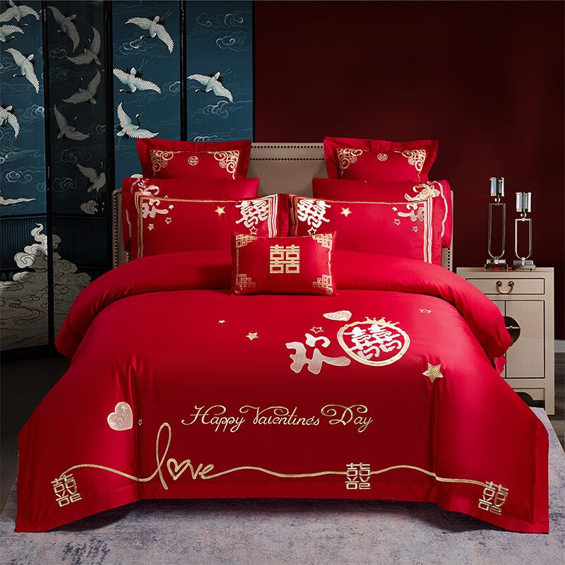 情缘梦结婚床上用品四件套纯棉床单被套全棉婚庆件套大红刺绣花件套件套 满心欢喜（新） 1.8米床/四件套/被套200*230CM