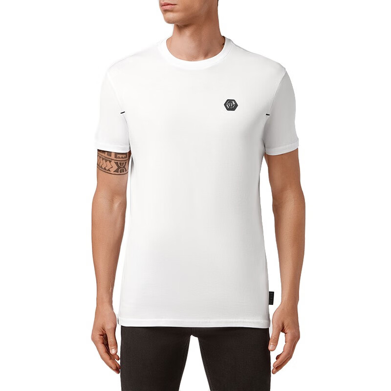 普兰(philipp plein)男装 男士棉质金属徽标短袖t恤衫 faac mtk4855