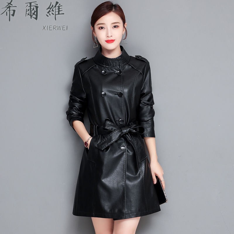 希爾維海宁真绵羊皮皮衣女中长款立领皮风衣修身显瘦外套 黑色 m