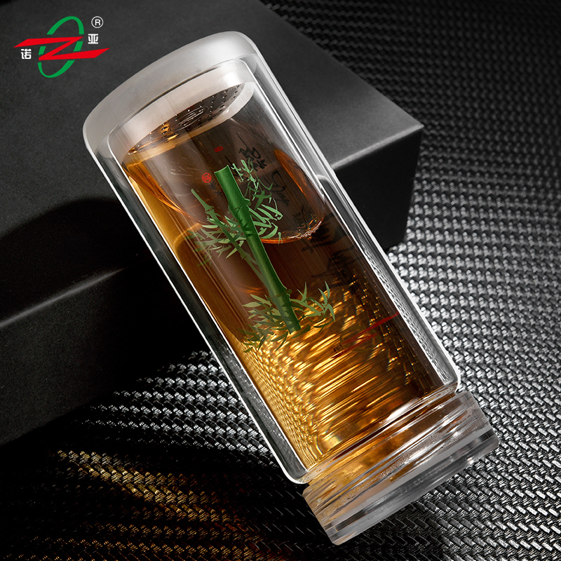 诺亚口杯双层玻璃杯带盖便携防烫男女泡茶杯办公透明加厚水晶杯 1#450