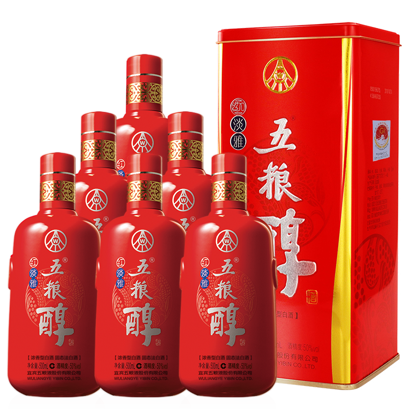 五粮醇红淡雅【酒厂直营】纯粮酒 节日送礼自饮 浓香型白酒 50度 500mL 6瓶 整箱