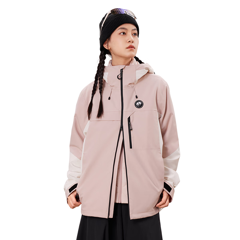 熊貓戶外沖鋒衣三合一加厚防水情侶款秋冬外套登山服裝A34CA31614 蘇梅粉/暖白，男女同款 S