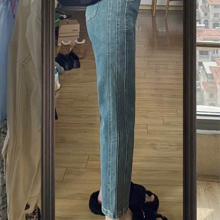 大码梨形身材微胖mm高腰显瘦九分烟管 蓝色-八分高】 s 建议85-100斤