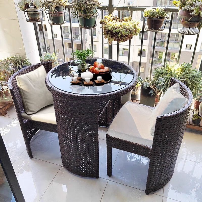 虎刻藤椅三件套阳台桌椅小茶几户外休闲庭院组合客厅腾编椅茶桌小户型 棕色 出口品质