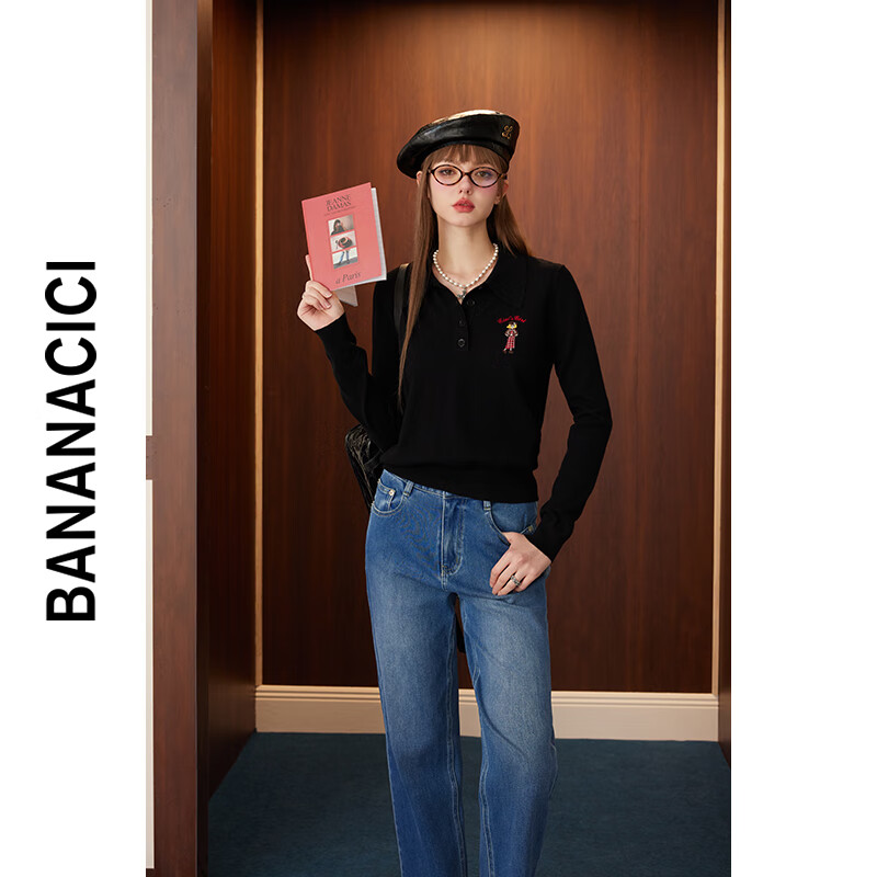banana cici2024年秋季新款原创BC艺术家卡通刺绣POLO长袖针织衫C243MY094 黑色 L
